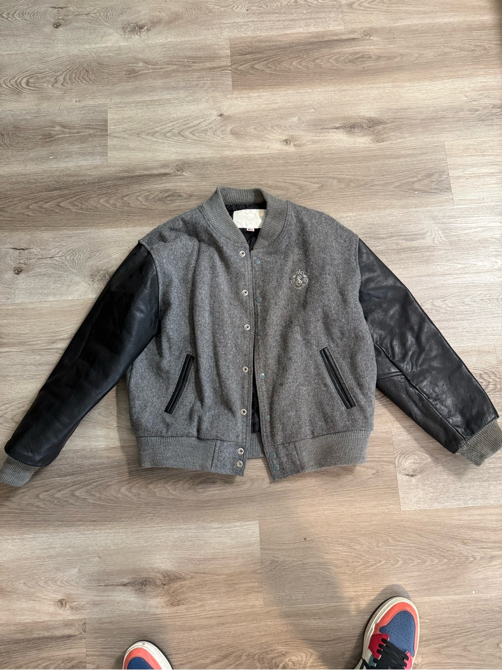 Gray Wool Varsity Jacket with Black Leather Sleeves
